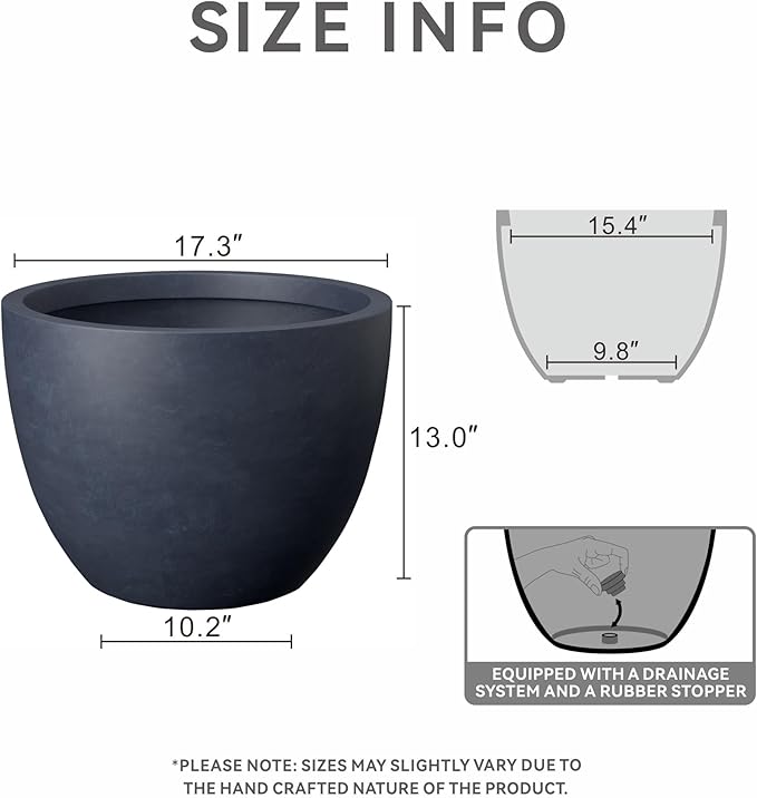 Kante 17.3 Inch Round Concrete Planter - Classic Large Indoor/Outdoor Plant Pot with Drainage Hole and Rubber Plug Suitable for Gardens and Patios Charcoal