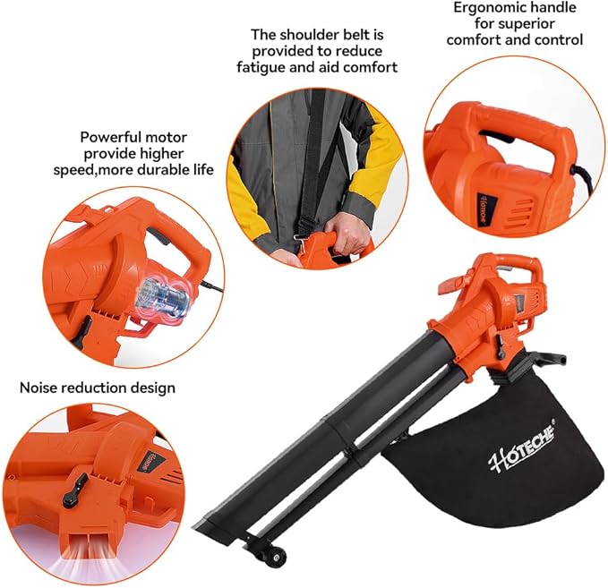 Hoteche 3-in-1 Electric Leaf Vac &amp Leaf Blower 1800 Watts High-Speed Leaf Blower with Shredder and 35L Collection Bag for Patios Lawn Driveways