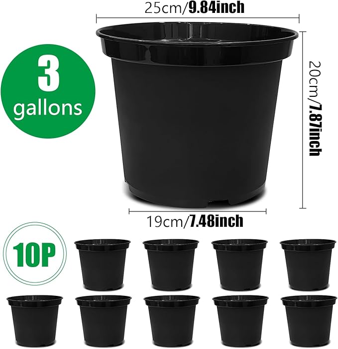 3 Gallon Plastic Nursery Pots 10 Inch Round Plant Pots with Drainage Holes 10 Pack Planting Pot for Outdoor Indoor Plants Gardening Gifts for Women Black
