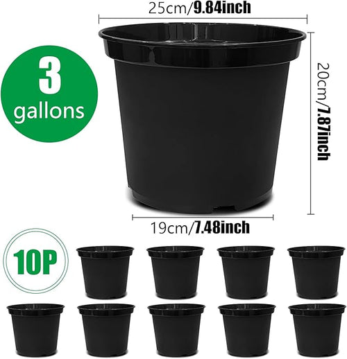 3 Gallon Plastic Nursery Pots 10 Inch Round Plant Pots with Drainage Holes 10 Pack Planting Pot for Outdoor Indoor Plants Gardening Gifts for Women Black