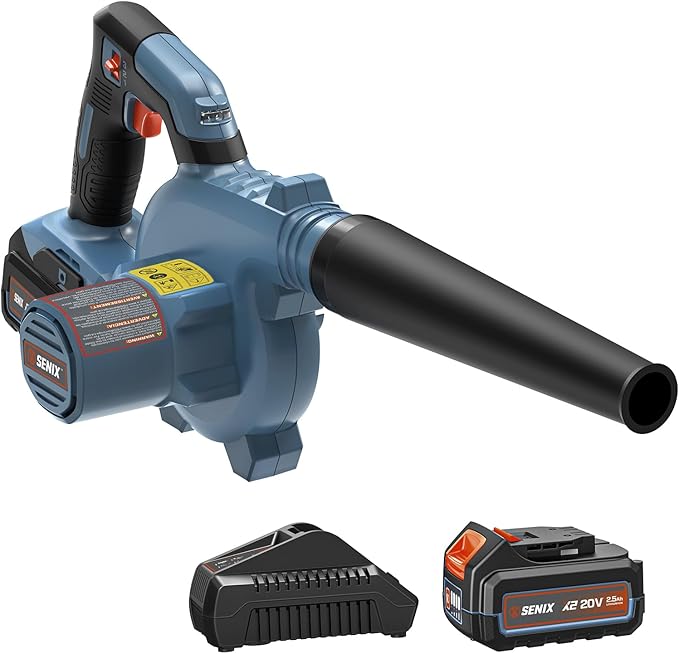 SENIX 20V Cordless Leaf Blower Electric Blowers with Brushless Motor 3 Variable Speed Modes 75 CFM and 180 MPH 2.5Ah Battery and Charger Included Lightweight Leaf Blowers for Lawn Care (BLX2-M)
