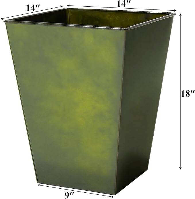 Worth Garden Large Metal Glazed Floor Planter Set of 2-14 Dia x 18 H - Luxurious Glossy Finish Green Tall Square Tapered Steel Plant Pots Decor Flower Pot Indoor &amp Outdoor Drainage Hole
