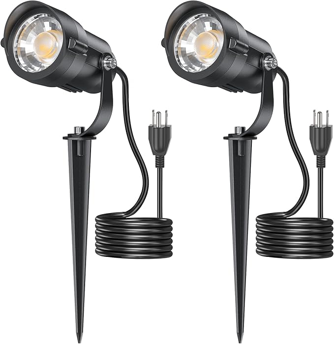 HIBOITEC 12W Spot Lights Outdoor 110V to 120V Landscape Lighting Waterproof Spotlight with 4.9ft 3-Plug LED Plug in Landscape Lights for Yard Gardern Decorations 2900K 2Packs