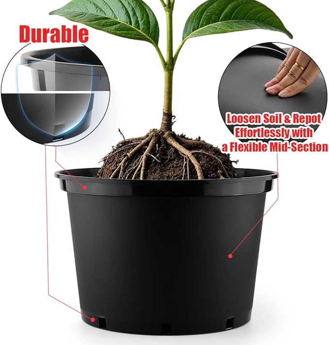 7 Gallon Plastic Nursery Pots 15 Inch Large Plastic Pots for Plants Round Plant Pots with Drainage Holes Flower Pots for Outdoor Indoor Plants Gardening Gifts for Women (5-Pack Black)
