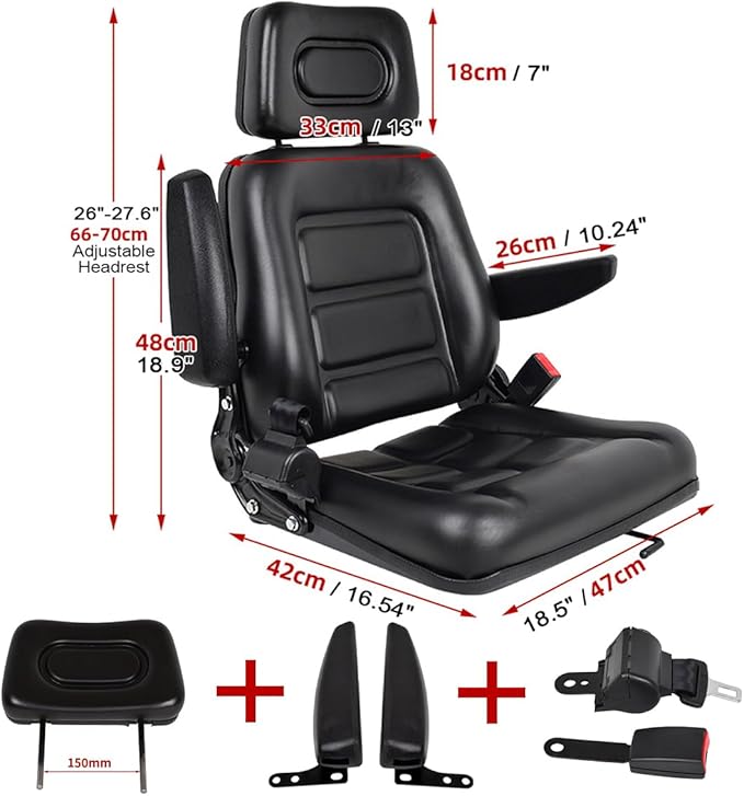 Foldable Universal Lawn Mower SeatWaterproof Artificial Leather Seat with 0-90°Armrest &amp Retractable SeatbeltBlack PVC Forklift Seat w/Adjustable Angle Backrest and Slid(Size:w/HeadrestColor:Bl