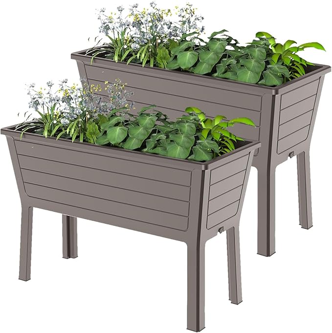Raised Garden Bed with Wheels Resin Sturdy Planter Waterproof UV-Resistant Outdoor for Flowers Vegetables Herbs in Backyard Patio (2 Grey)