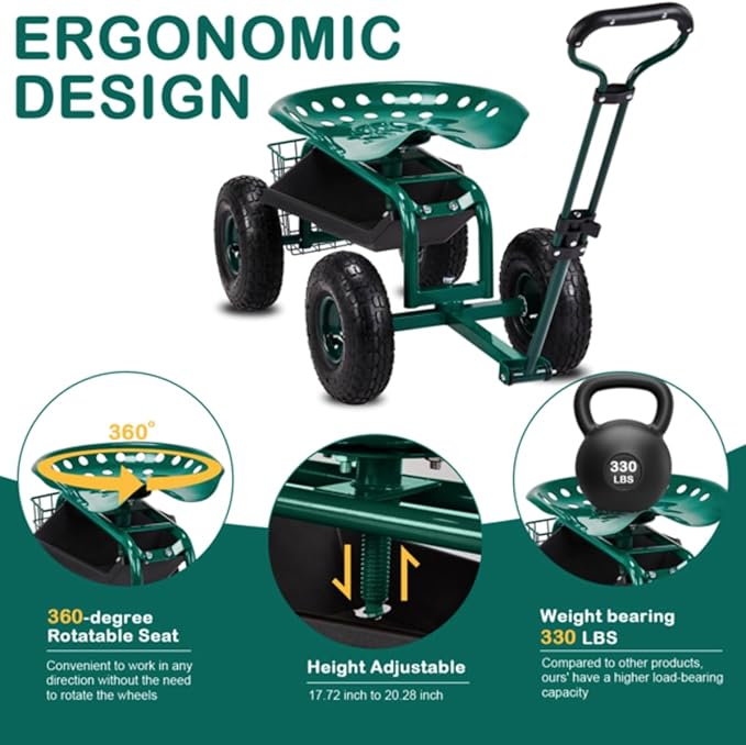 Rolling Garden Cart with Ergonomic Seat Outdoor Gardening Stool for Planting Garden Scooter with 360 Degree Swivel Seat &amp Steering Handle &amp Tool Tray (Handle Green)