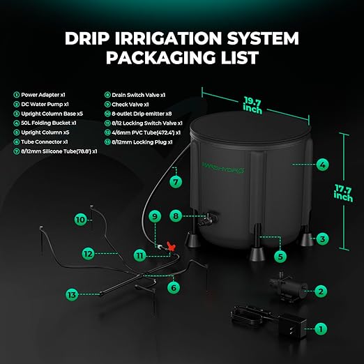 MARS HYDRO Auto Drip Irrigation Kits with 13 Gallon Foldable Bucket 24W Upgraded Water Pump 8 Drip Emitters Garden Watering System for Grow Tent Indoor Lawn Greenhouse Yard