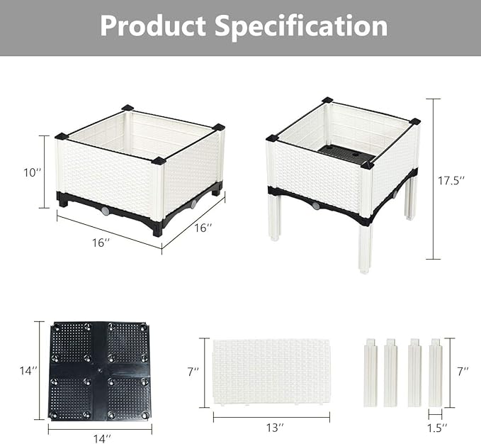 S AFSTAR Raised Garden Bed Kit Set of 4 Elevated Planter Boxes with Self-Watering Design &amp Removable Legs Outdoor Plastic Planter Box for Patio Yard Balcony Gardening Rattan Pattern (White)