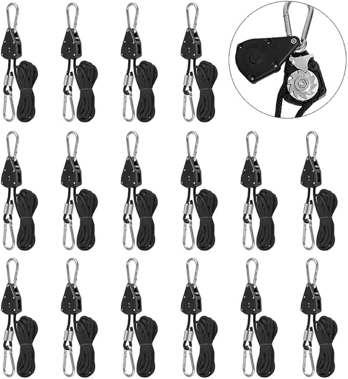8 Pairs 1/8 Heavy Duty Ratchet Hangers Adjustable Rope Hangers Grow Light Rope Hangers for Grow Plant Fan Filter Room Equipment 150 LB Capacity per Pair