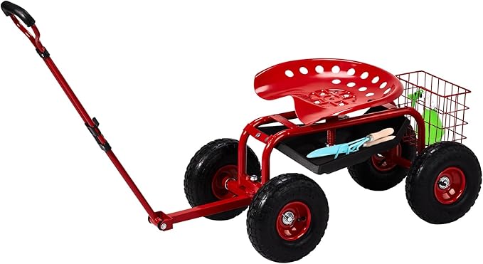 Rolling Garden Work Seat with 360-Degree Swivel Seat Adjustable Height Handle Inflatable Wheels &amp Tool Storage for Easy Outdoor Tasks