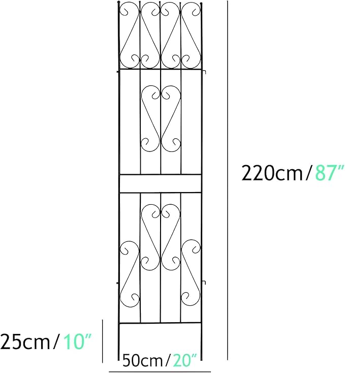 Outdoor Climbing Plant Grille Anti-Rust Iron Bracket Metal Garden Trellis Decorative Privacy Screen Black/White(Color:BlackSize:220x50cm/87x50in)