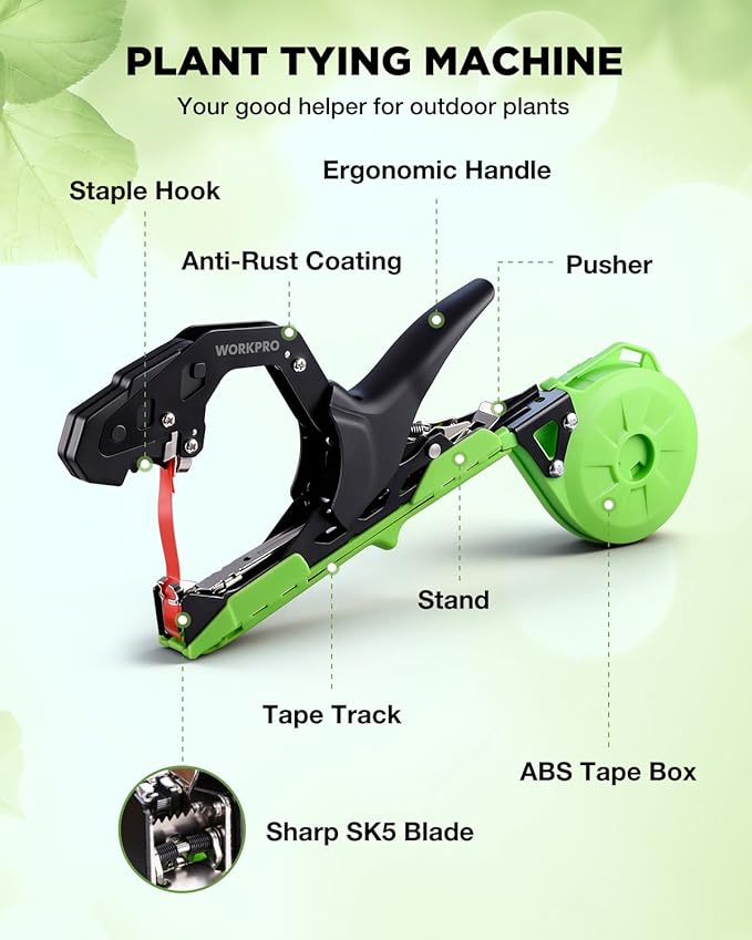 WORKPRO Plant Tying Machine Lightweight Tape Gun for Tying Vines and Support Plants Includes Gloves 20 Rolls of Tape 10000 Staples Ideal for Tomatoes Grapes Cucumber and Vegetables