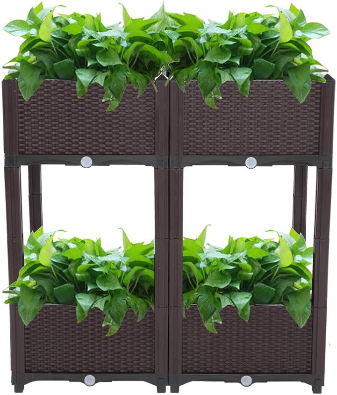 Planter Raised Beds KitsGarden Bed with Self Watering Planter Box and Drainage Plugfor Flowers Vegetables and Garden Patio Balcony Restaurant Easy Assembly (Set of 4Brown)