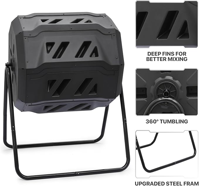 MoNiBloom 43 Gallon Compost Tumbler Outdoor BPA Free Large Dual Chamber Tumbling Compost Bin All-Season Fast Working Tumbling Composter High Volume Composter with 2 Sliding Doors