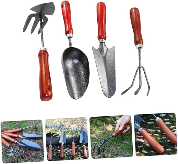 Garden Tool Set 4pcs Small Plant Trowel Soil Scoop Rake Shovel for Outdoor Gardening and Potting with Extended Narrow Shovel and Dual-use Hoe for Weeding and Digging