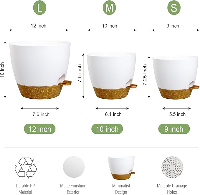 Large Self Watering Pots 12/10/9 Plastic Planters with High Drainage Holes and Deep Reservoir for Indoor Outdoor Garden Plants and Flowers White with Brown
