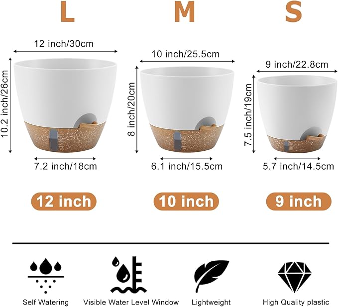 Self-Watering Plant Pots with Water Level Indicator Drainage Holes &amp Saucers – 12/10/9 Inch Large Plastic Planter Set for Indoor &amp Outdoor Plants (White)