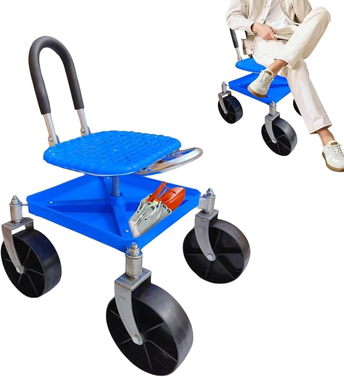 Garden Stool with Wheels Sitting Height Flexibility Galvanized Steel Pipes Rolling Garden Work Seat Swivel Gardening Stool Smooth Caster Wheels for Pruning Plant Transplanting Branch Trimming