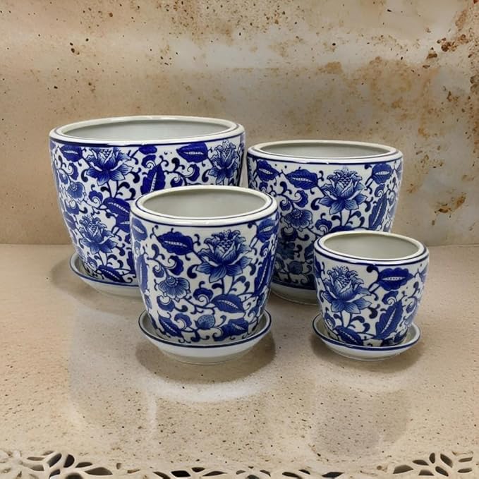Planter with Saucer Set of 4 Vintage Blue Floral Print White Ceramic