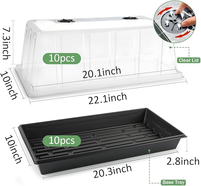1020 Trays with Tall 7.3'' Dome 10-Pack Extra Large Seed Starter Tray with Humidity Domes Heavy Duty 1020 Seed Trays and Flats with Lid Seed Germination Mini Greenhouse No Hole for Balcony Garden