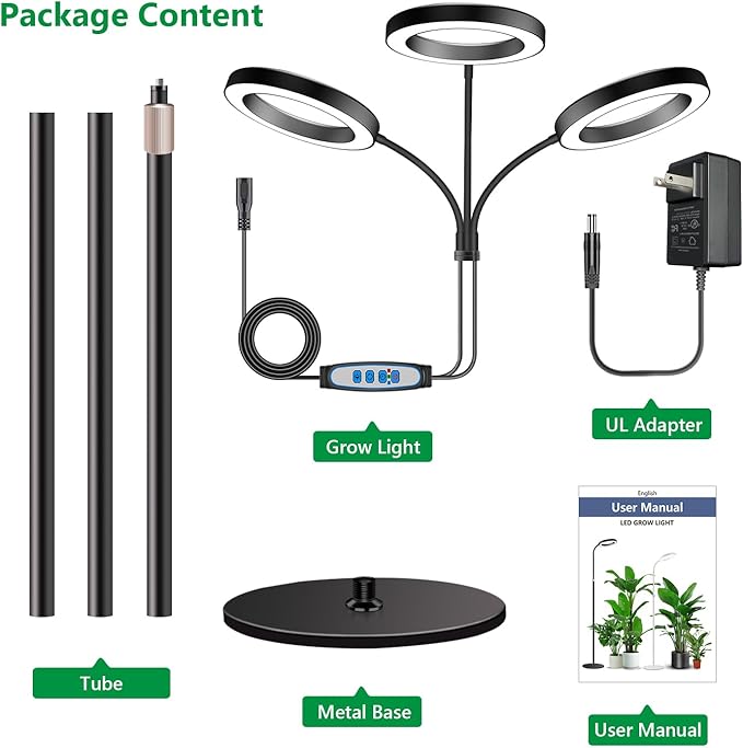 Grow Lights for Indoor Plants 3 Head Full Spectrum Plant Light with 68 Adjustable Stand for Growing Large Tall Plants Black Halo Floor LED Grow Lamp with 16 Hour Timer