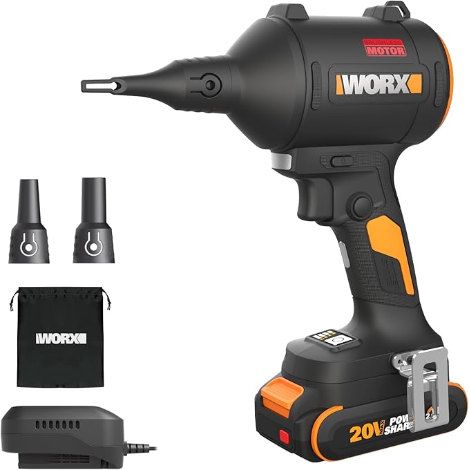 WORX Cordless Blower/Inflator 20V 39 CFM 470 MPH Brushless High Speed Portable Dust Cleaner for Workshop Lawn Yard Home Lightweight Handheld Blower Battery and Charger IncludedWX099L PowerShare