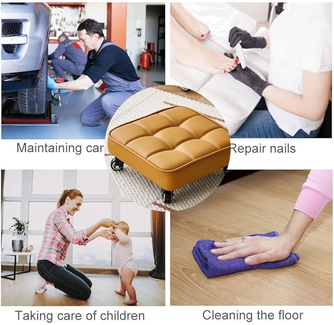 Low Rolling Stool Upgrade Widen Roller Seat 360 Bearing Wheels Soft PU Leather Short Rooling Stools for Home Garden Office (Gray1 One Size) (Khaki One Size)