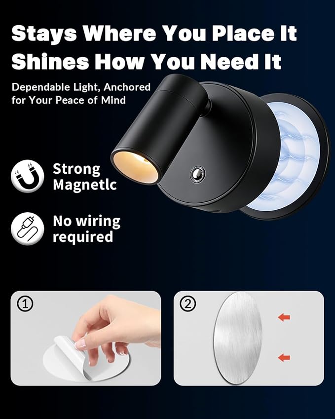 6PACK Dimmable Indoor Spotlights - LED Rechargeable 350° Rotatable Wireless Lighting with 3 Colors for Plants Paintings and Artwork Accent Lighting (Black)