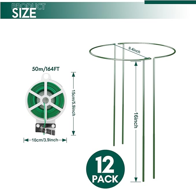 12 Pack Garden Plant Support Stakes Half Round Peony Cages and Supports Metal Garden Support Ring Border Support for Outdoor Indoor Plants Peony HydrangeaTomato Monstera