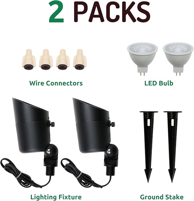 Lumina Lighting® 4W Landscape Lighting 12V Landscape Lights Low Voltage Landscape Spotlights Warm White Waterproof Outdoor Replaceable LED Bulb for Garden Lawn Porch Patio and Yard(Black 2-Pack)