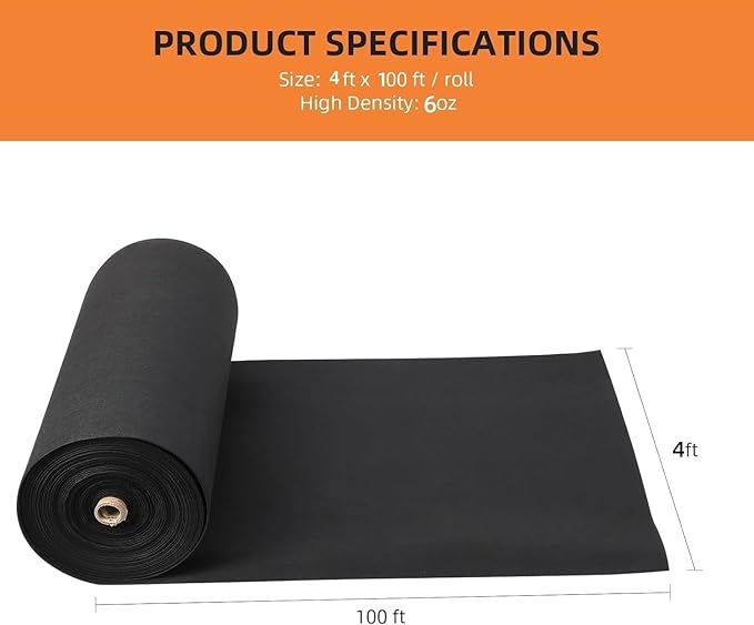 4ft x 100ft 6.0 oz Non-Woven Geotextile Fabric Heavy Duty PP Landscape Ground Cover 350N Tensile Strength for French Drains Erosion Control Weed Barrier