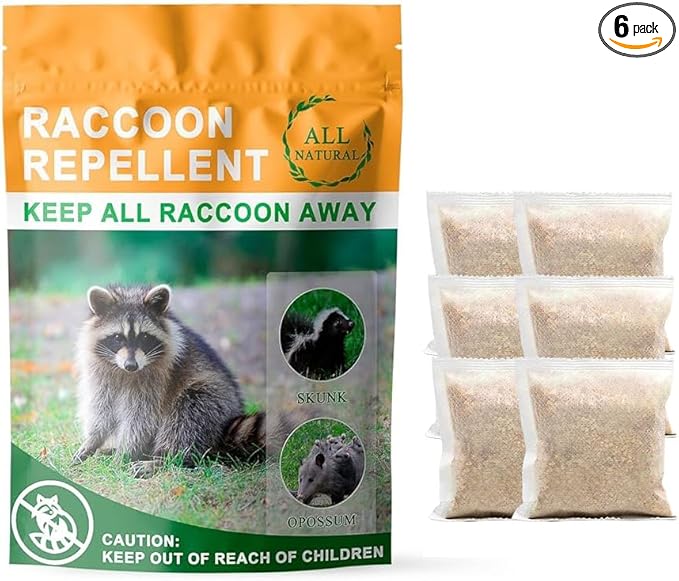 Natural Raccoon Repellent Granules | Eco-Friendly Non-Toxic &amp Long-Lasting Protection with Garlic Peppermint &amp Wintergreen Oils | Safe for Pets and Children |6-Pack (25g per Bag)