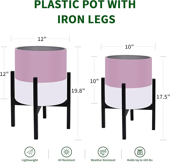 Planter with Stand Set of 2 Modern Plant Pots with Metal Legs IndoorFlower Pots with Drainage Holes Matching Decorative Garden Pot for Living Room Office Garden or Balcony 10 &amp 12 Inches