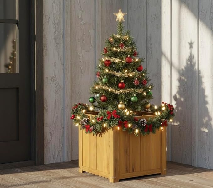 Idzo Set of 2 Acacia Wood Flower Planters for Outdoor Plants Ergonomic Handles Drainage Holes Various Sizes Ideal for Home Décor Golden Teak