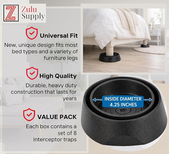 Bed Bug Interceptor Traps – Black 8-Pack Passive Monitor &amp Detection Trap – Universal Fit for Bed &amp Furniture Legs – Reusable Non-Climbable Wall Pest Control Protection (Black 8-Pack)
