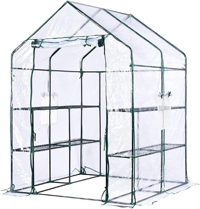 Greenhouse for Outdoor - Walk in Greenhouse with 6 Shelves Heavy Duty Metal Frame Weatherproof Transparent Cover Roll Up Door Gardening House for Plants &amp Seedlings - 56.3 x 56.3 x 76.77 Inch