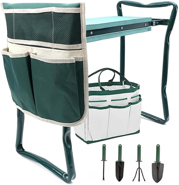 Garden Kneeler Seat Garden Stools Foldable Stool with Tool Bag Pouch EVA Foam Pad Capacity-Protects Your Knees for Gardening(Large-23.6 x 10.6 x 19.3) Tool kit（wh000005）