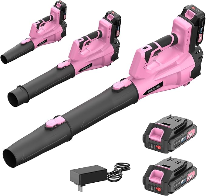 STEELITE 21V Cordless Leaf Blower 150 MPH 600 CFM High-Performance Airflow Lightweight Electric Blower for Lawn Care Patio Cleaning Leaves &amp Dust Includes 2 x 2.0Ah Batteries - Pink
