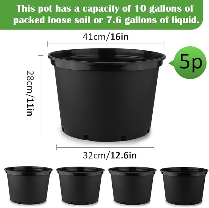 10 Gallon Plastic Nursery Pots 16 Inch Round Plant Pots with Drainage Holes 5 Pack Large Garden Flower Pots for Outdoor Indoor Plants Gardening Gifts for Women Black