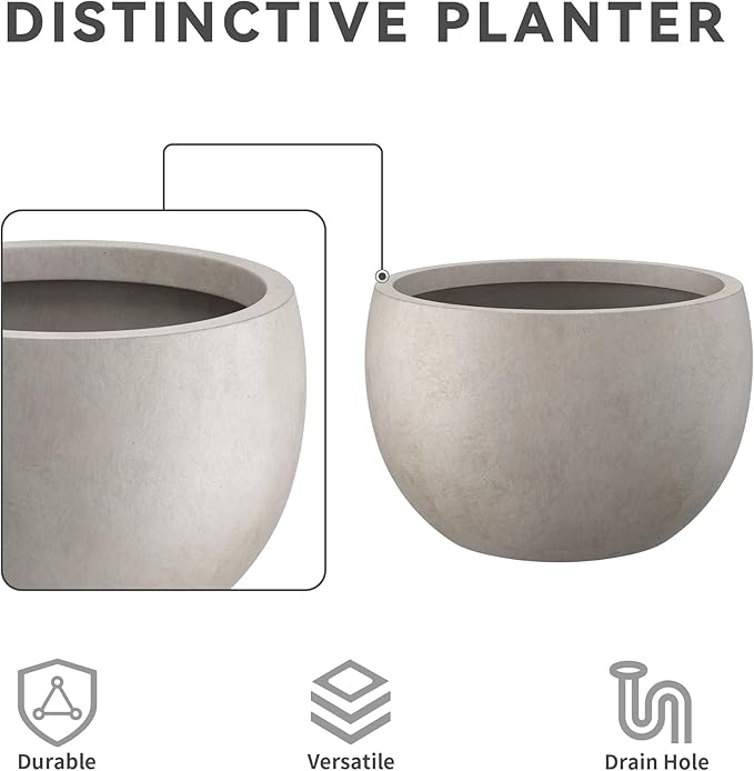 Kante 15.7 Dia Round Concrete Planter Outdoor/Indoor Large Bowl Plant Pots with Drainage Hole and Rubber Plug for Garden Patio Balcony Home Weathered Concrete