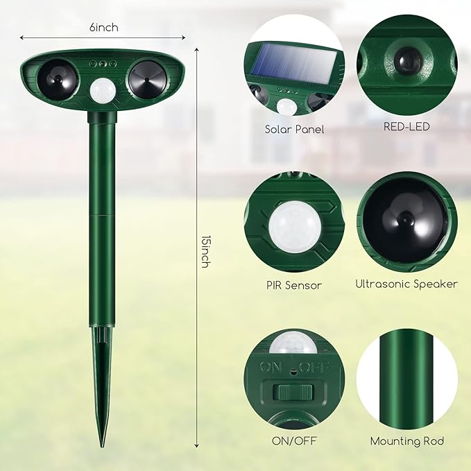 4 Pack Deer Repellent Solar Ultrasonic Animal Repeller Outdoor Racoon Squirrel Fortress Pro Waterproof Animal Deterrent Devices CatDogSkunkRabbitCoyote Deterrent for Yard Garden Farm