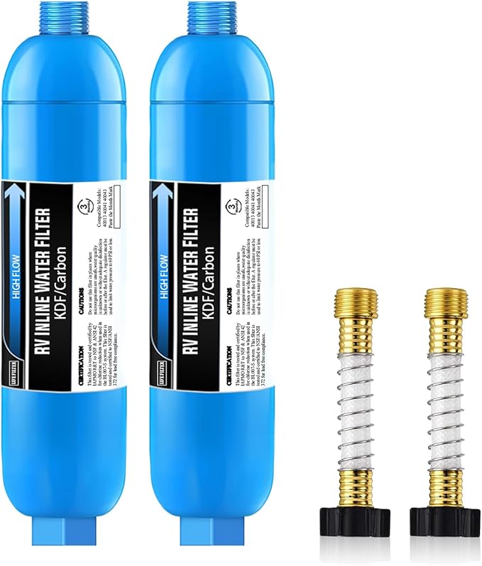Lifefilter RV Inline Water Filter with Flexible Hose Protector NSF Certified Reduces Chlorine Bad Taste Odor for RVs and Marines Drinking Washing Filter Dedicated for RVs 2 Pack