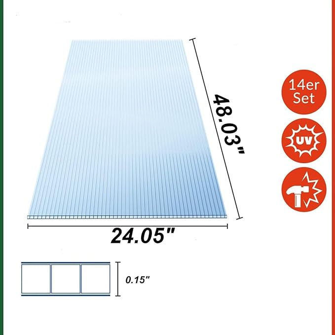 20 Pack Polycarbonate Greenhouse Panels 2'x4' Twinwall Clear UV Protected Sheets for Greenhouse Roofing Waterproof Durable Outdoor Plant Stand Cover