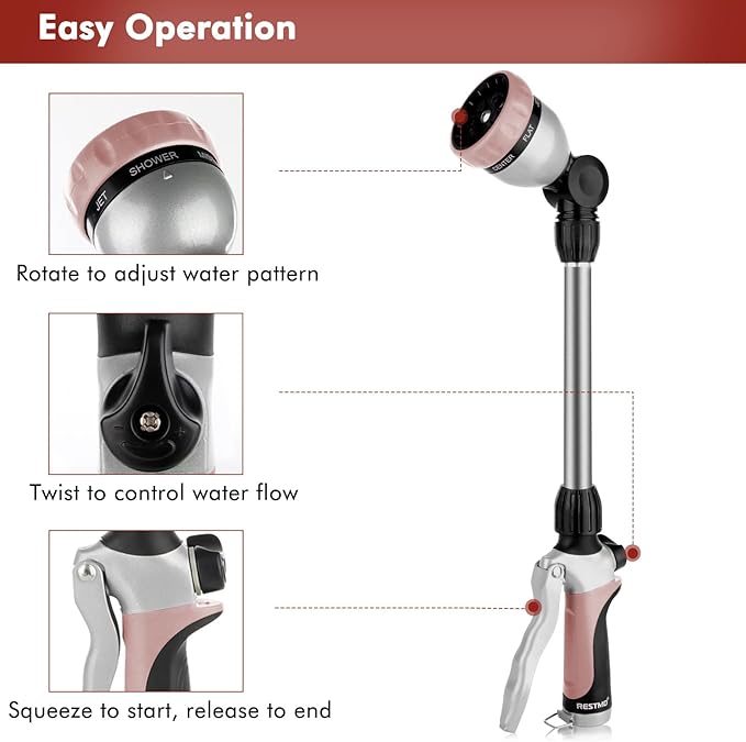 RESTMO Metal Watering Wand Heavy Duty Garden Hose Wand with 180° Swivel Head 16'' Hose Nozzle Sprayer with 7 Spray Patterns and Flow Control for Water Hanging Baskets and Shrubs Rose Gold