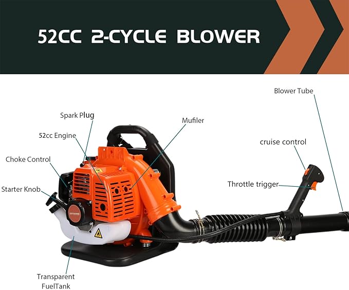 Backpack Leaf Blower 52CC 2-Stroke Gas Powered Backpack Leaf Blower 1.25KW High Power for Blowing Leaf Cleaning Dust with 1.2L Fuel Tank Adjustable Offset Handle Ergonomic Harness System 550CFM