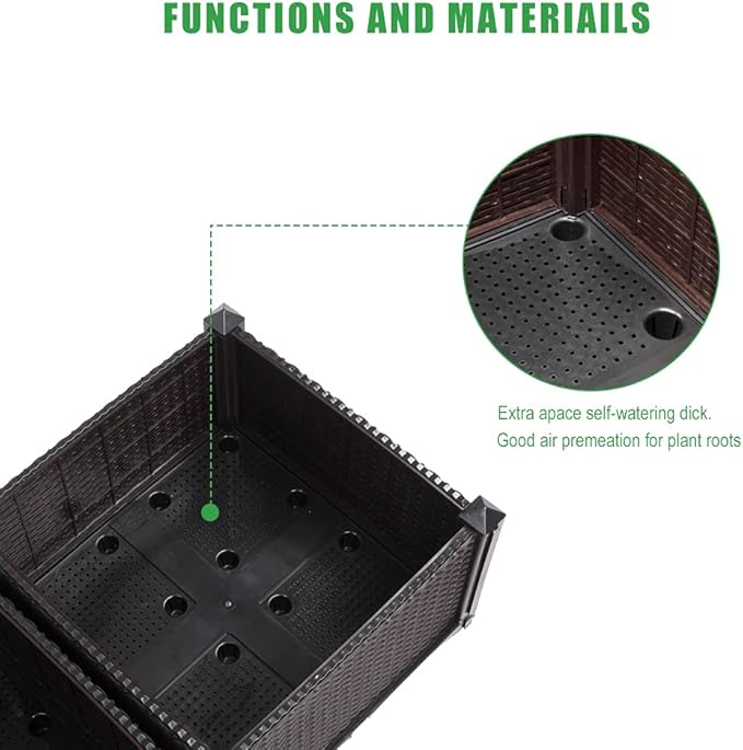 Raised Garden Bed with Legs Outdoor Plastic Elevated Planter Box Free Splicing Growing Bed with Rattan Pattern &amp Drainage Holes for Vegetables Herbs and Flowers Brown 2 Sets
