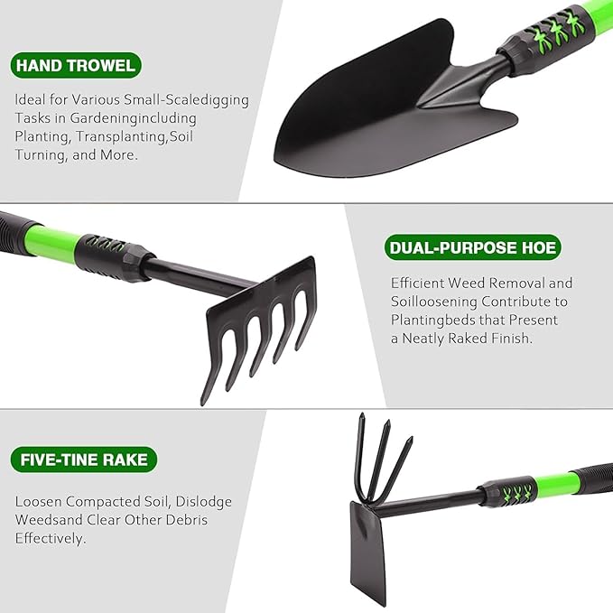 Garden Tool Set 3 Pack Stainless Steel Heavy Duty Hand Cultivator Hoes Shovel for Planting Weeding Digging Green