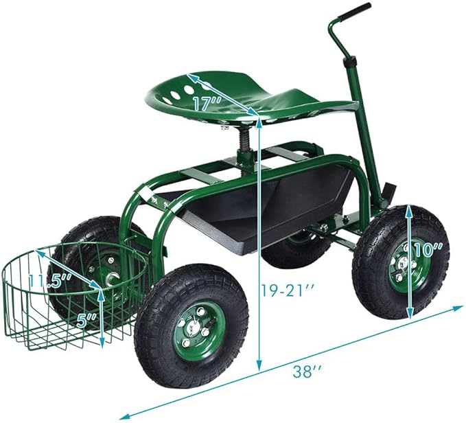 Goplus Rolling Garden Seat with Wheels Outdoor Gardening Scooter with 360° Swivel Seat Tool Tray &amp Basket Adjustable Steering Handle for Lawn Gardening Stool Garden Cart for Planting