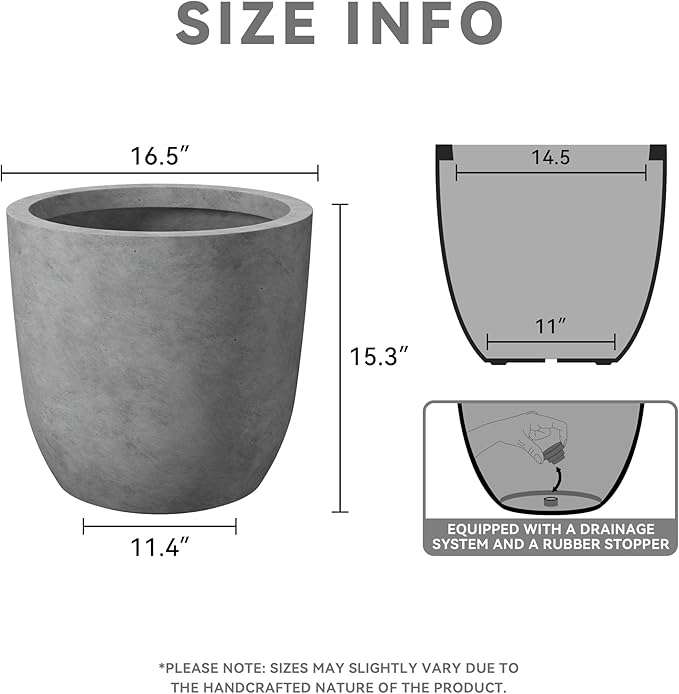 Kante 16.5 Dia Round Concrete Planter Large Outdoor Modern Indoor Decorative Plant Pots with Drainage Hole and Rubber Plug for Home and Garden Natural Concrete
